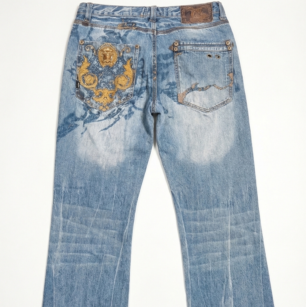 Akademiks Jeans Mens 34 Y2K Baggy Distressed Beaded Embroidered Hip Hop Denim - Picture 2 of 16